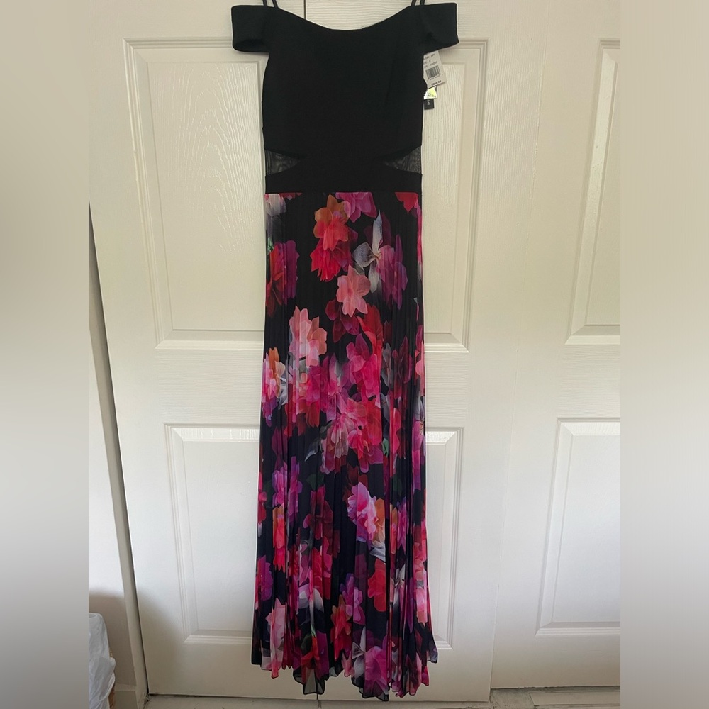 Long A line dress, black top with flower skirt. New, Size 4